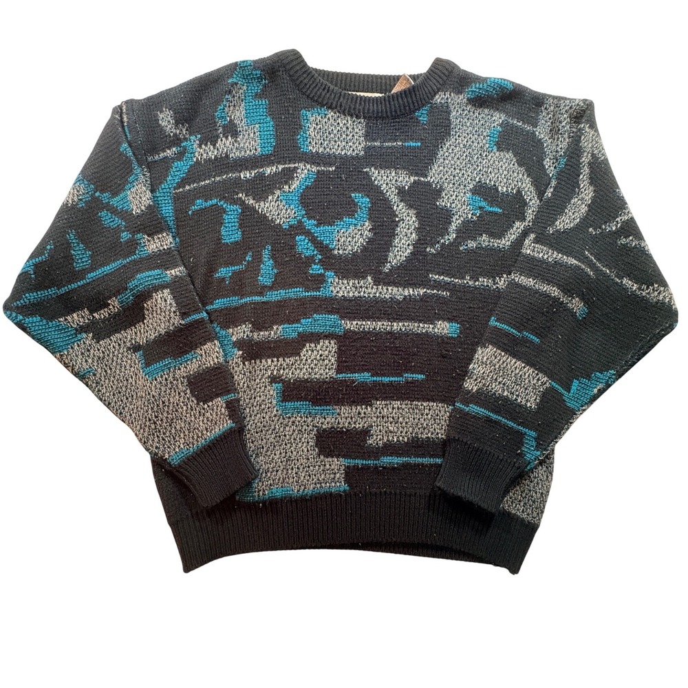 Saturdays Vintage‎ Abstract Geometric Knit Sweater Mens Large Black Teal 90s